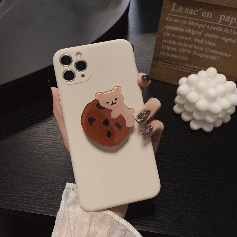 Soft Case Silikon Putih Polos Holder Beruang Cookie Vintage Untuk iPhone 12 Mini 11 Pro Max X XS XR 7 8 Plus 2020 SE