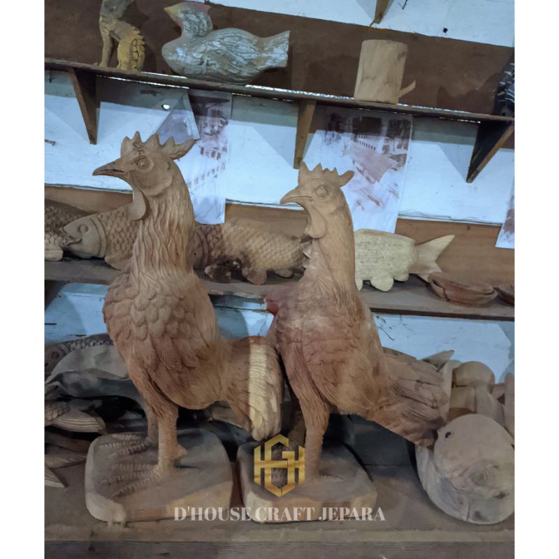 Patung Ayam Sepasang Patung Ayam Jago Patung Ayam Babon Kayu Trembesi Solid