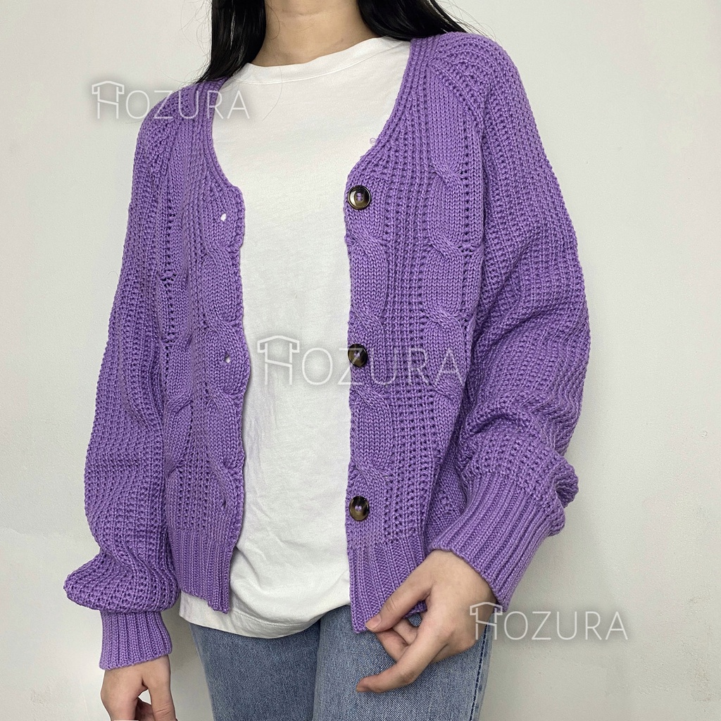 Hozura - Cardigan Sweater Rajut Gelombang Kepang TEBAL Belca - RONNIE Crop Cable Knit Button Cardi