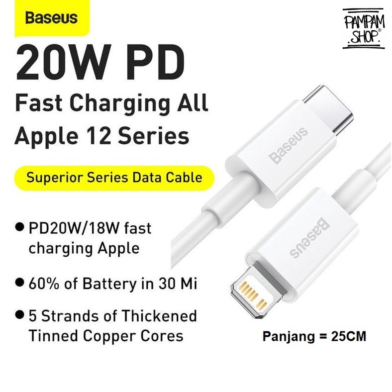 Baseus Superior Kabel Data Type C to Lightning 20W 25CM Powerbank Cable Charger Casan Pendek