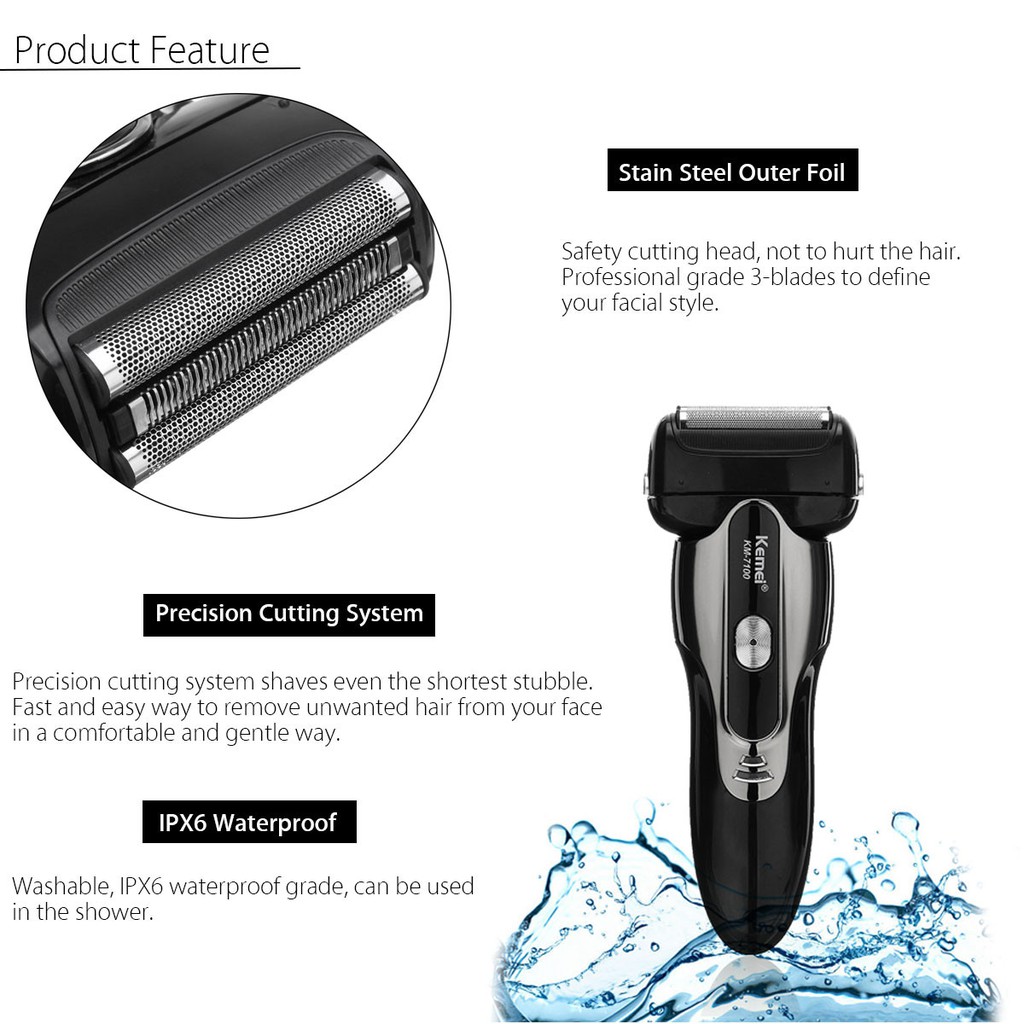 AKN88 - KEMEI KM-7100 IPX6 Waterproof Floating 3 Heads Electric Shaver Raz