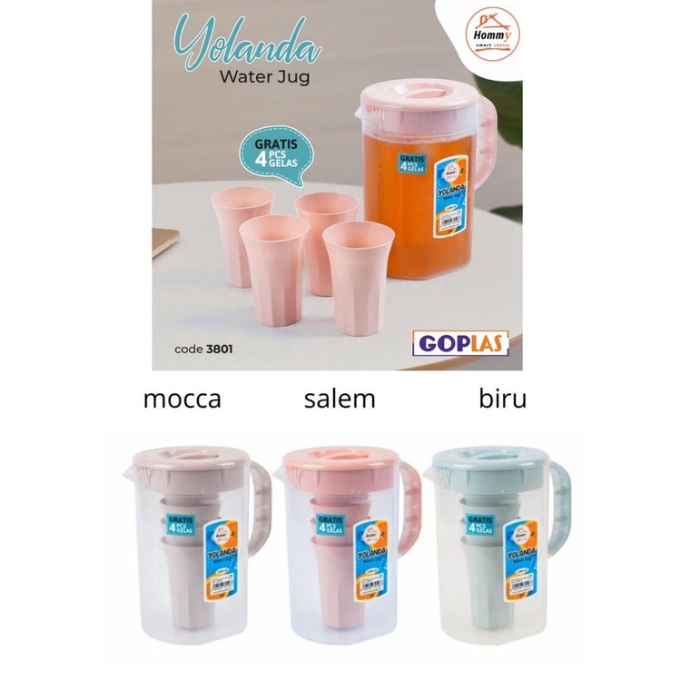 TEKO SET YOLANDA/TEKO SET PLUS GELAS 4PCS/WADAH AIR MINUM DENGAN GELAS