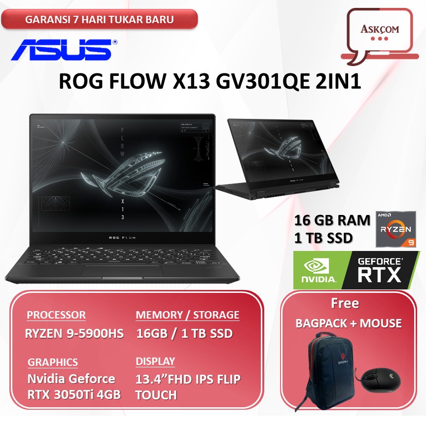 ASUS ROG Flow X13 GV301QE 2in1 Ryzen R9-5900HS 16GB 1TBssd RTX3050Ti 4GB Windows10 Touch