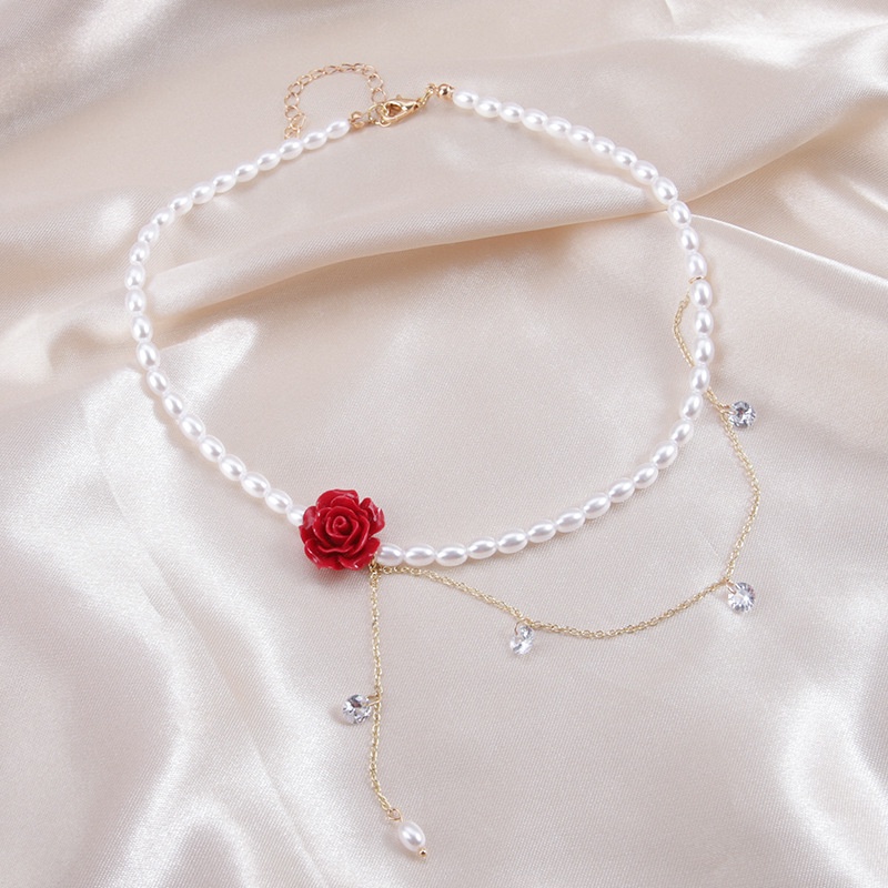 Kalung Rantai Dengan Liontin Bunga Mawar Merah + Mutiara + Berlian Imitasi Untuk Wanita