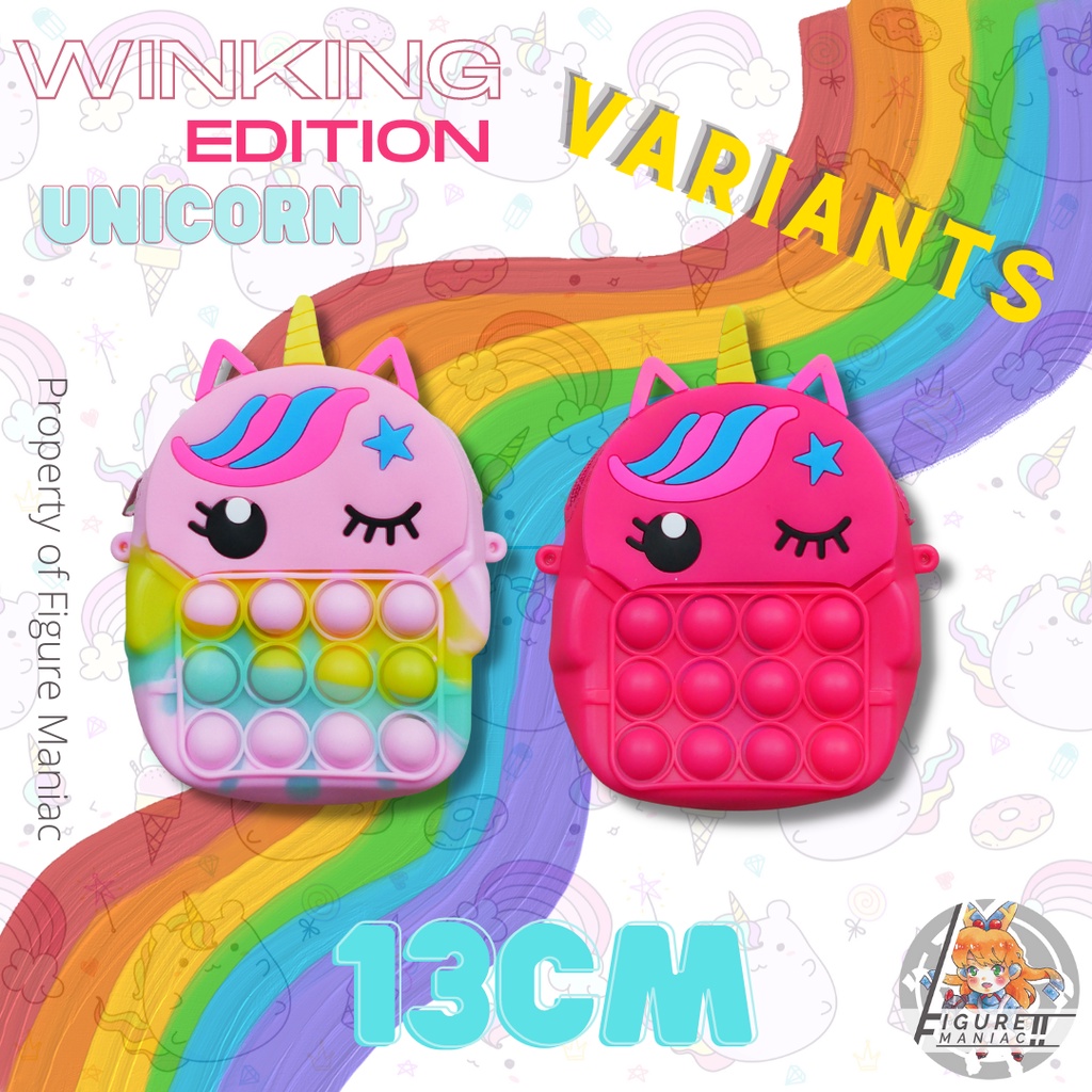 Figure Maniac - Tas Pop It Winking Unicorn Sling bag edition premium import size 13 cm free tali selempang Tas Anak Tas Handphone Tas Mainan Anak Tas Sekolah