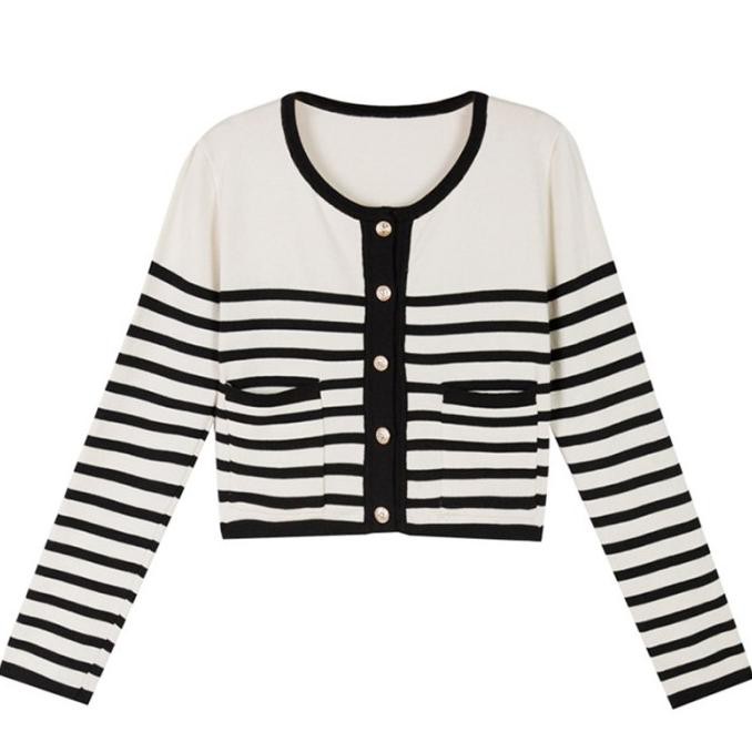 Retro Wanita Garis Cardigan Model Tipis Print Motif Rajut