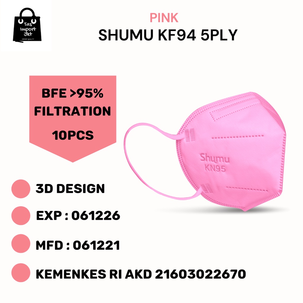 MASKER ANTI LIPSTIK KF94 MASK PINK MURAH MERK SHUMU ORIGINAL 5PLY