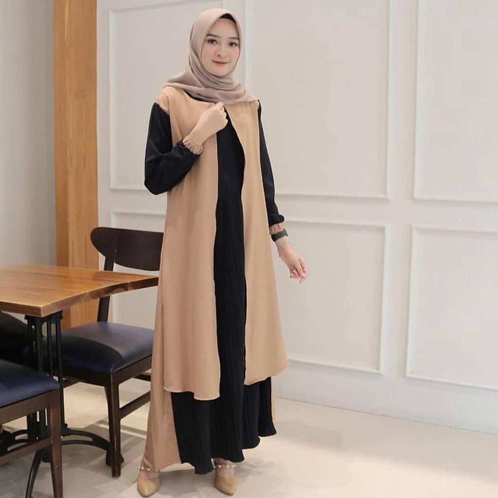 Dress Plisket Model Outer Two Tone bahan Moscrepe / Gamis Maxi Dress Wanita Motif 2 Warna