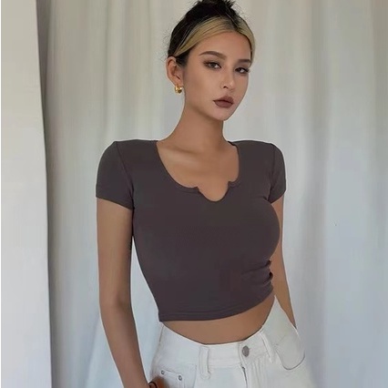 【LIVIAHOME】V-Neck Short Sleeve Ribbed Crop Top 7281