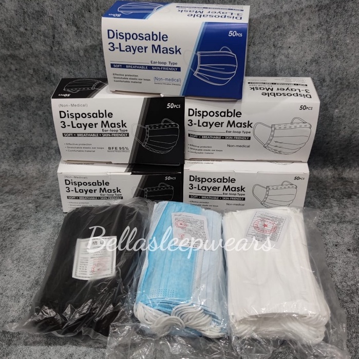 DISPO - MASKER 3PLY DISPOSABLE FACE MASK EARLOOP HIJAB IMPORT ISI 50pc - BIRU HITAM PUTIH