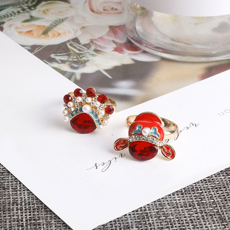 Cincin Desain Topeng Opera Cina Vintage Warna Merah Untuk Pasangan