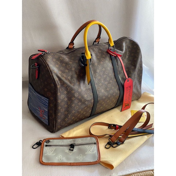 Lv travel keepall patchwork + pouch - 45 cm / tas travel / tas tote / tas jinjing / tas tangan / han