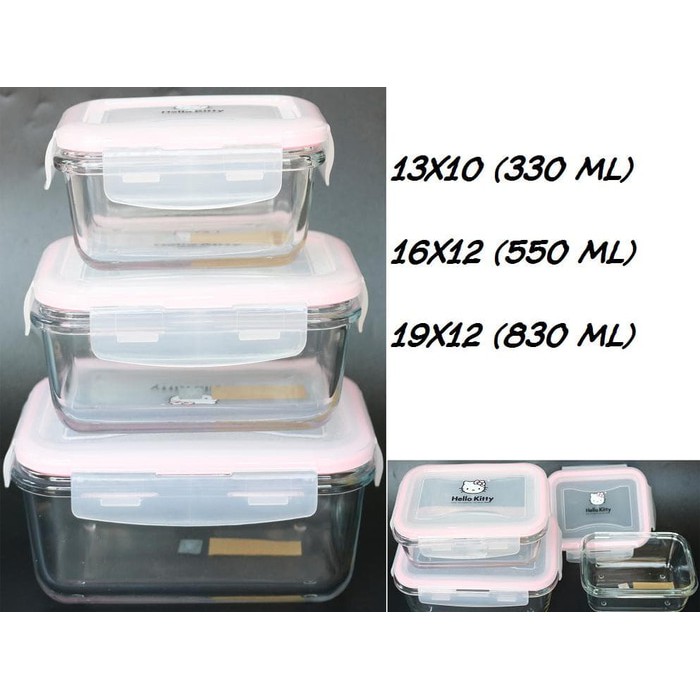 KOTAK PIREX HELLO KITTY BAHAN KACA TEBAL SAVE MICROWAVE SET ISI 3PC PERSEGI