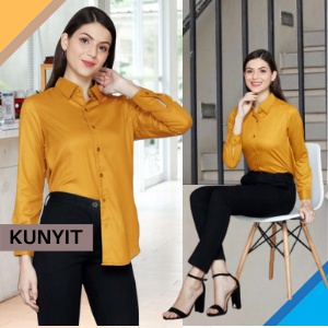 kemeja wanita casual blouse wanita korean style oversize polos lengan panjang terbaru kekinian SS04-KUNYIT