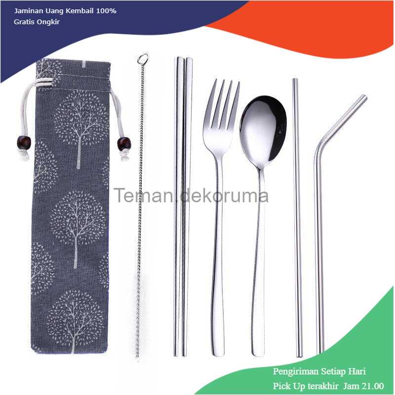 TD-AI Tofok Cutlery Set Perlengkapan Makan Sendok Garpu Blue Cloth Bag - T10