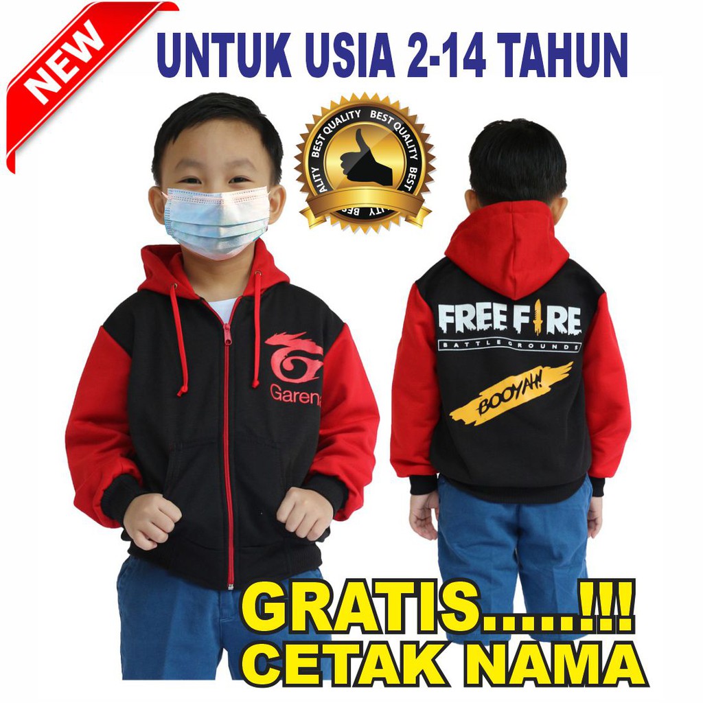 (COD) Jaket anak karakter freefire Jaket hoodie anak hitam merah fleece 2-10tahun