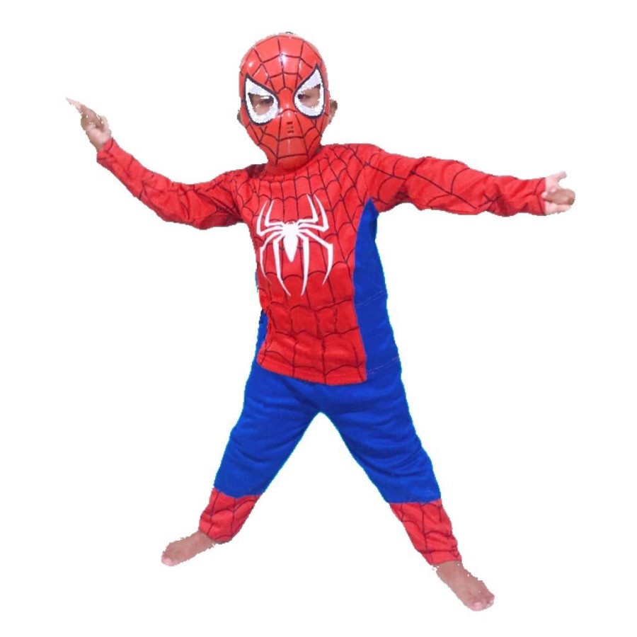 1paket baju + topeng spiderman merah biru- kostum spiderman - baju kostum anak - baju spiderman - BA
