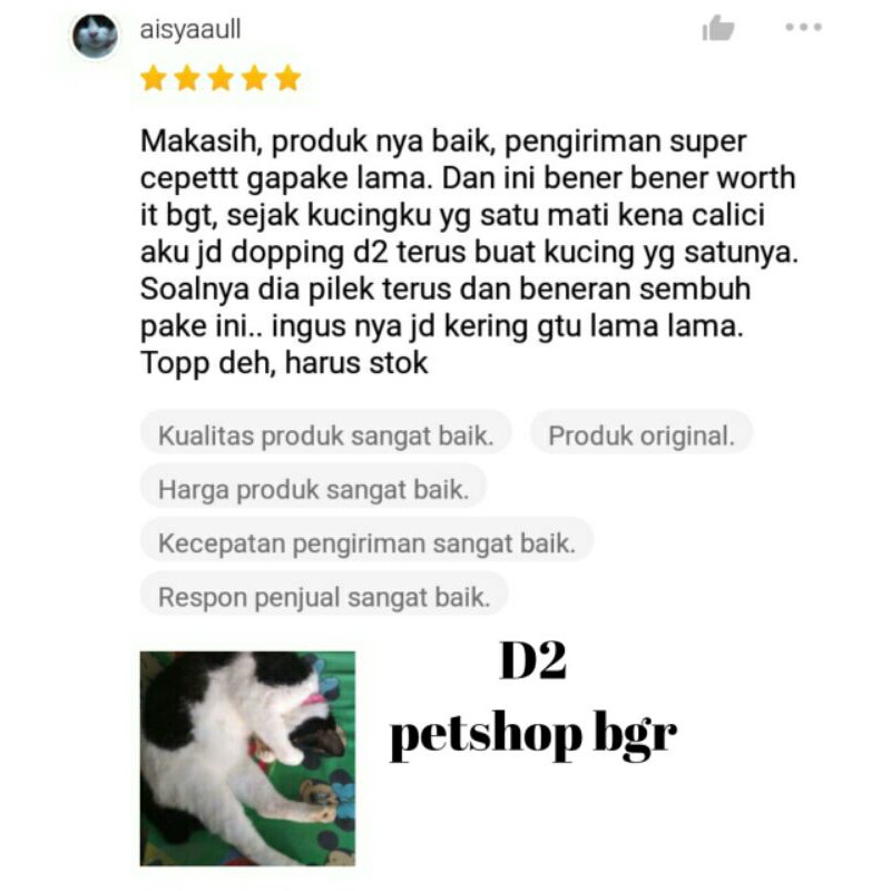 D2 obat virus calici distemper flu batuk pilek bersin mencret kucing