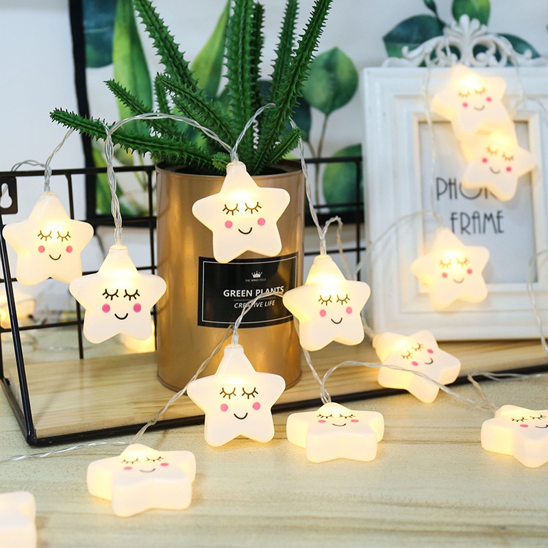 Lampu String Led 1.5m / 3m Tenaga Baterai Bentuk Bintang Smiley Face Untuk Dekorasi Rumah