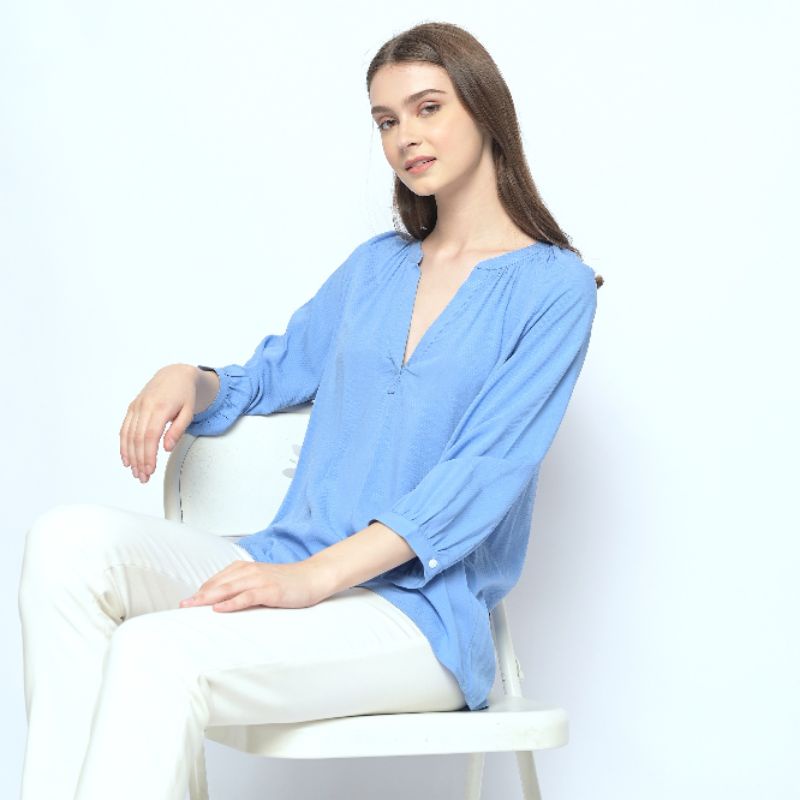 Langit Tekstur - Blouse Lengan Panjang - Atasan Wanita V Neck - Formal Kasual - Katun Biru Polos