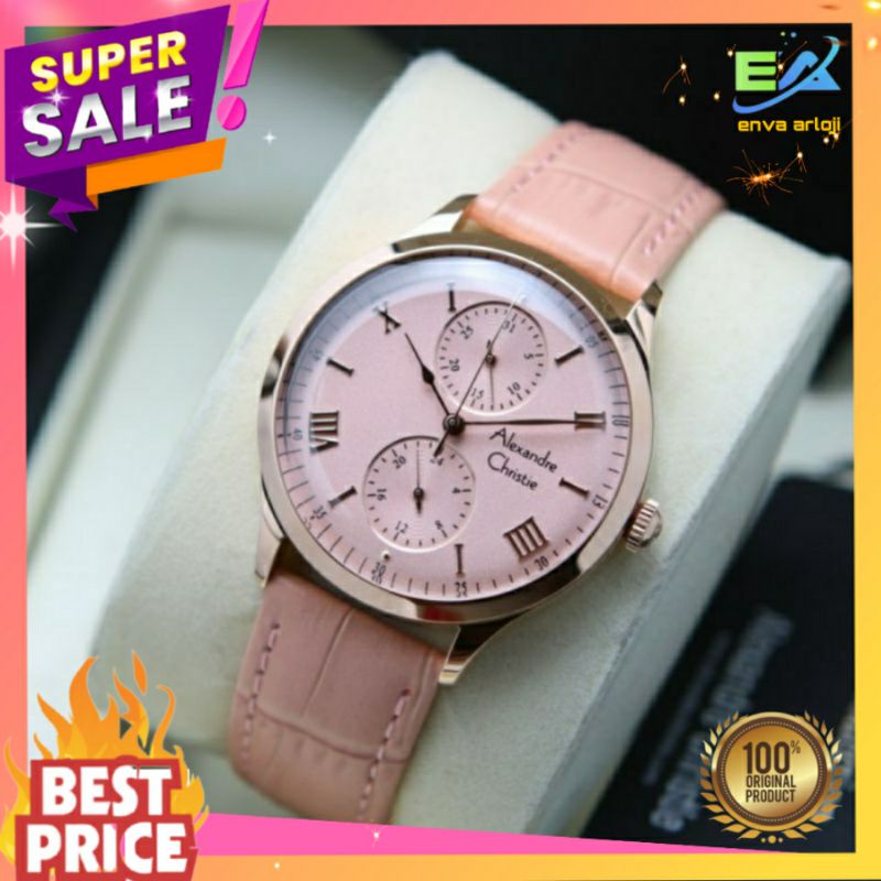 ALEXANDER CHRISTIE WANITA ORIGINAL AC 2943 TERBARU TALI KULIT LEATHER ORI MURAH ANALOG CEWEK NEW