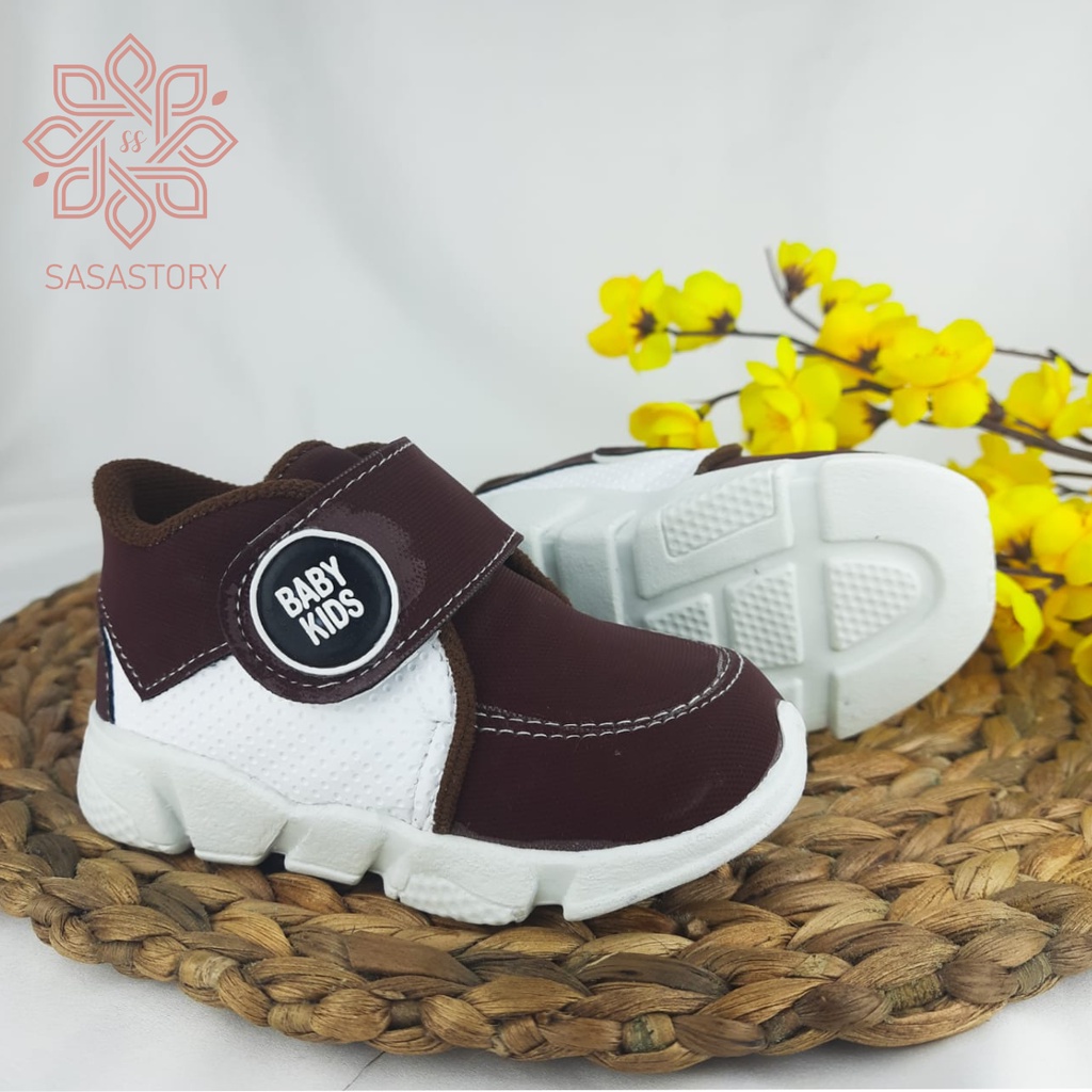 Sasastory Sepatu Sneaker Anak Laki Laki Perempuan Usia 1 2 3 Tahun Krem Maroon Tan Coklat CA19