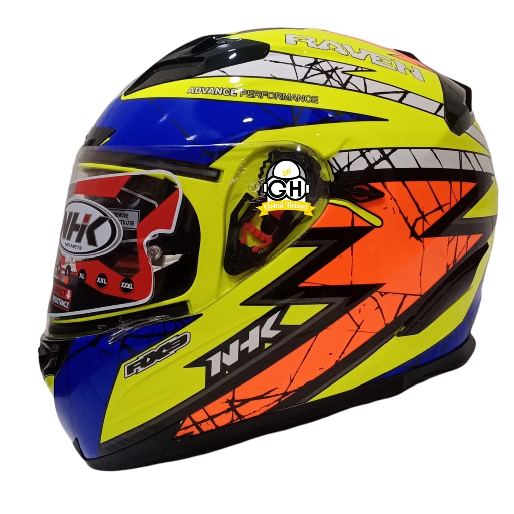 HELM NHK RX9 RACER X NINE RAVEN YELLOW FLO BLUE ORANGE DOUBLE VISOR FULL FACE ORIGINAL SNI