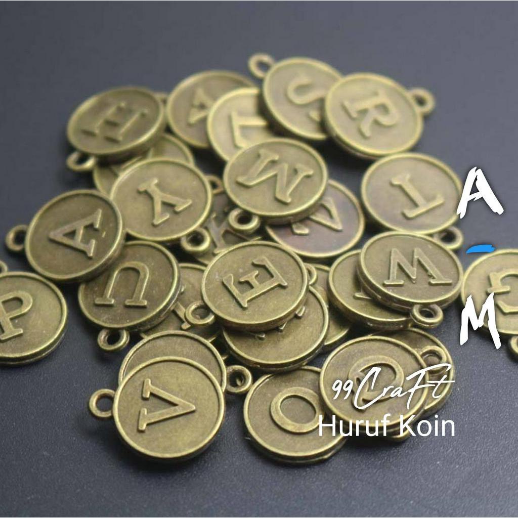 Charm huruf inisial koin alfabet A-M bandul bulat bronze gold kerajinan gelang kalung liontin