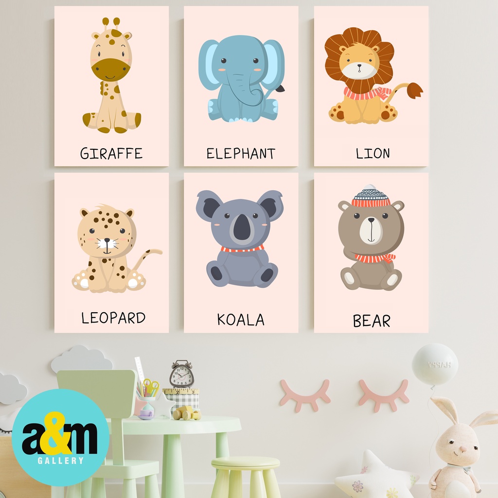 Poster Kayu Hiasan Dinding Kamar Bayi dan anak Gambar Binatang Lucu ( A4 ) Dekorasi Kamar anak Wall decor Edukasi Gambar Tema Binatang - A&amp;M