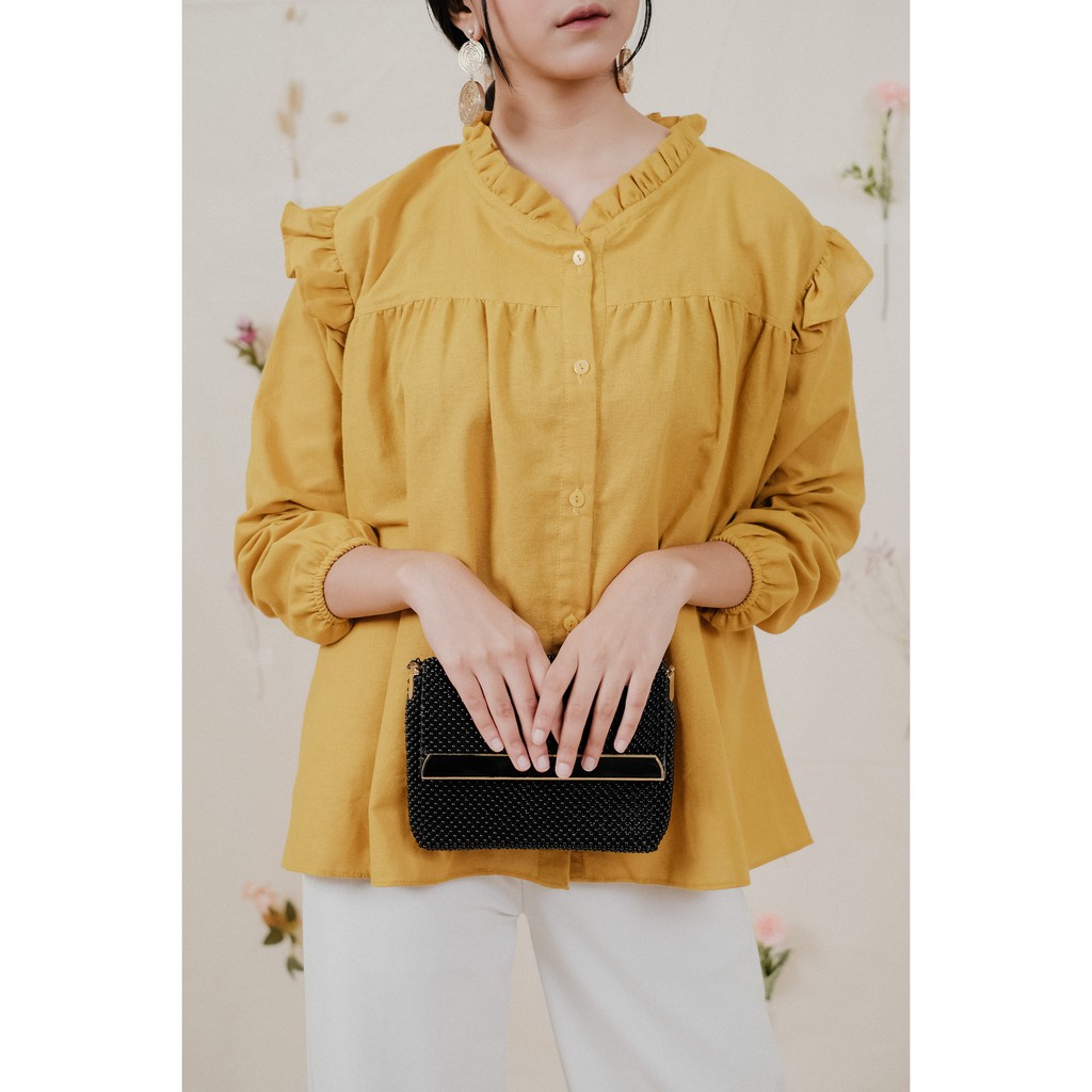 Sazkia Linen Shirt / Atasan Kemeja Wanita-Mustard