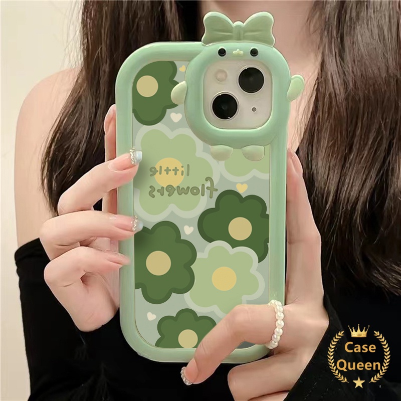 Casing Oppo A17 A95 A16K A16E A52 A92 A96 A7 A5S A12 A3S A12E A53 A74 A17K A76 Reno 5 5F 4F A55 A16s A15 A15s A16 A57 A5 A9 A54 A31 Bow-knot Little Monster Fresh Green Flower Case