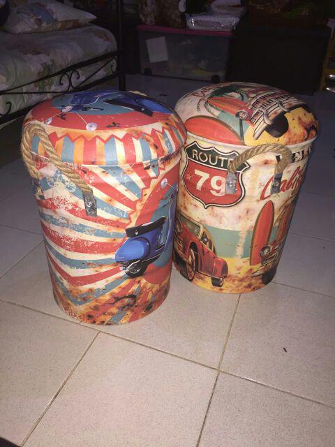 Kursi Tong Bahan Kaleng Metal Lapis Kulit Oscar Print Vespa Klasik Tin Stool Kursi Cafe / Kafe