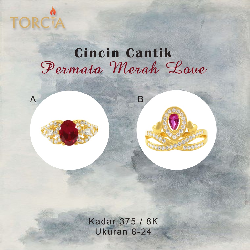 Cincin Emas Asli Cantik Permata Merah Love Kadar 375 Torcia