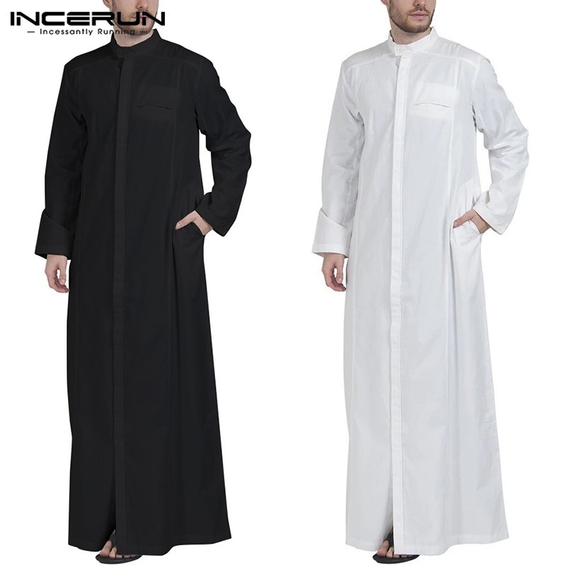 2022 Incerun Pria Pakaian Muslim Warna Solid Jubba Thobe Lengan Panjang Kerah Berdiri Jubah Dubai Timur Tengah Pria Islam Arab Kaftan - AliExpress