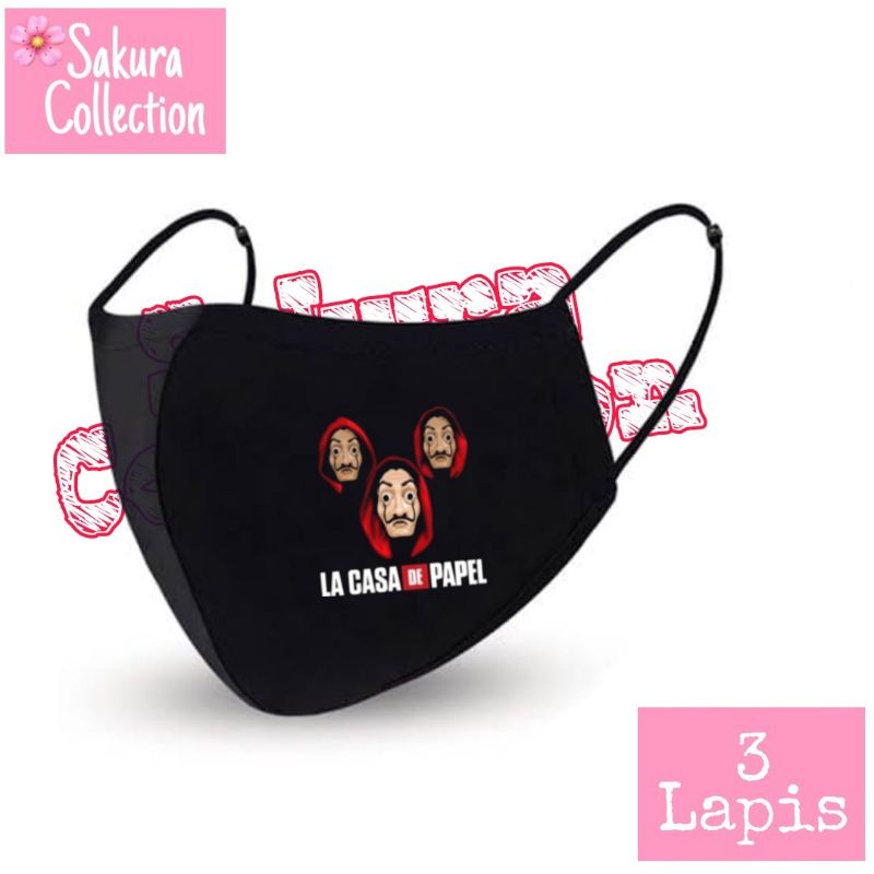 Masker kain 3 lapis - MONEY HEIST - LA CASA DE PAPEL - LA CASA DE QUARANTINE / EARLOOP HITAM 3PLY