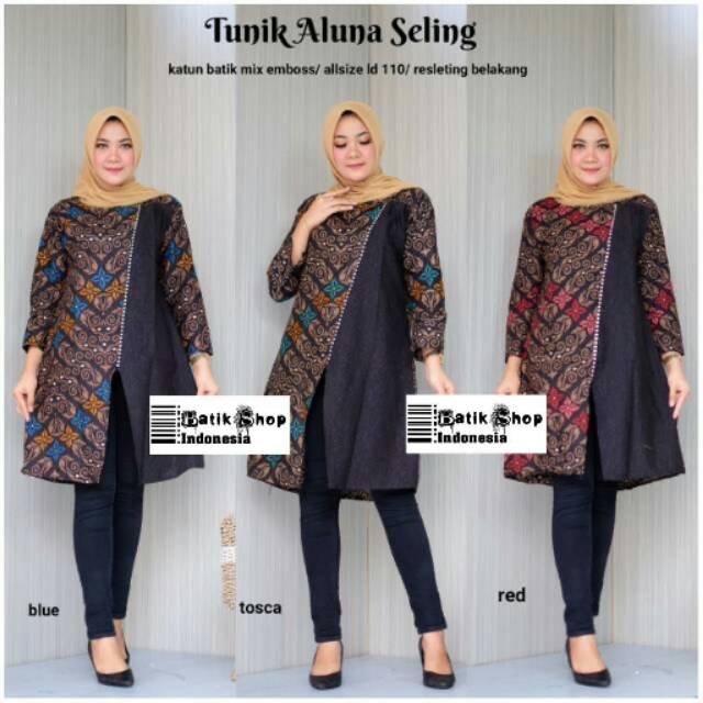 Tunik Aluna Seling Batik Modern Sogan Motif Bunga Lawasan Zigzag Tunic Kerja Kantoran Dress Kombinasi Sekartaji Modern Kondangan Kekinian Klasik Santika