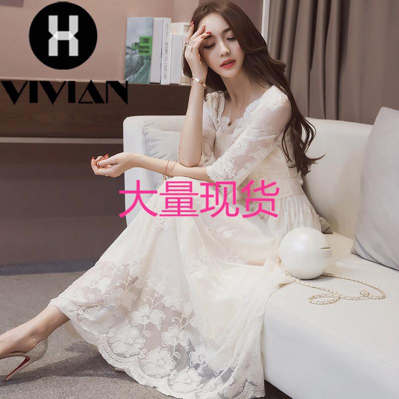 ?VIVIAN? Dress Midi Wanita Square Neck Lengan 3/4 High Waist Slim Rok Swing Bahan Lace Gaya Korea