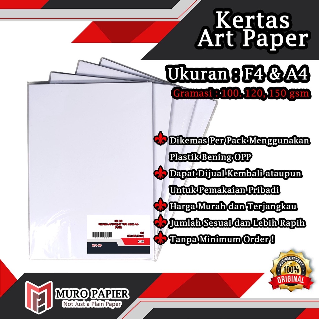 

( PER PAK - ISI 20 ) Kertas Art Paper 100 120 150 gsm F4 A4 - by Muro Papier
