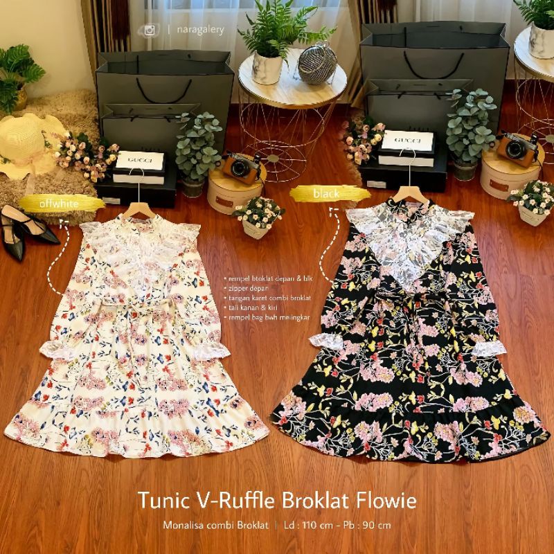 Tunik motif bunga tunik v ruffle broklat flowie