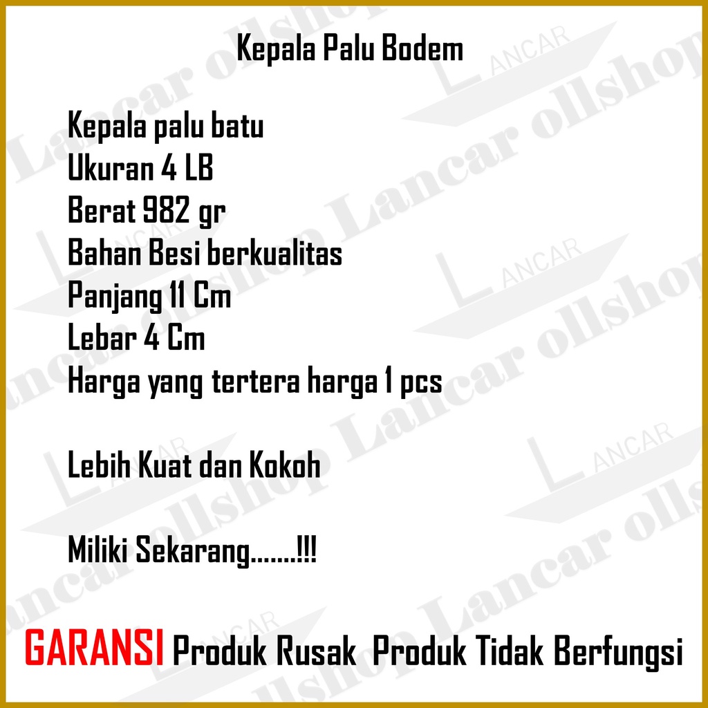 Palu Besi Kepala Batu Bogem Godam Bodem Tanpa Gagang Kayu Fiber 4 Lb Murah