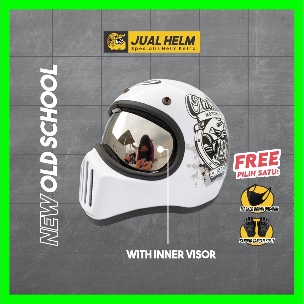 Helm Cakil HBC New Old School White + Inner Visor ( Fullface / Retro / Klasik / Vespa )