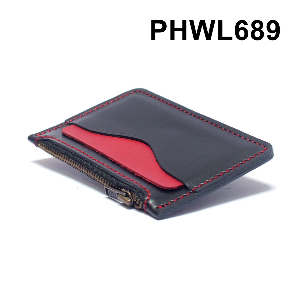 dompet kartu zipper resleting kulit asli hitam merah - PHWL689