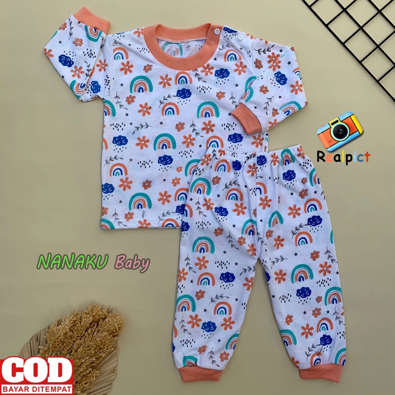 Setelan Baju Bayi Setelan Piyama Bayi Lengan Panjang Kancing Bahu Usia 3-12 Bulan Anababy