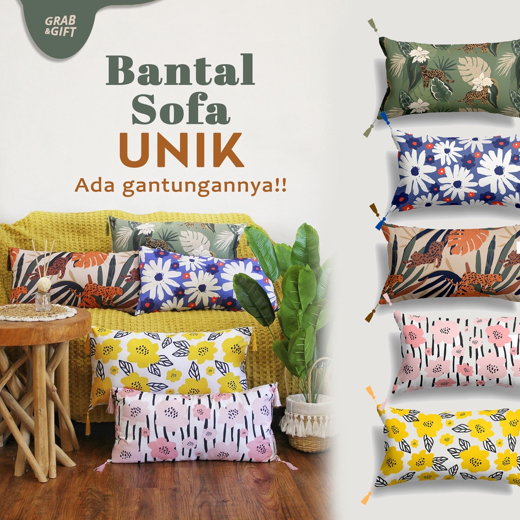 Bantal Sofa 60x30 dengan Tassel Gantung Vintage Tropical Floral Premium Dekorasi Flower Bird Leopard Yellow Green Pink Blue Biru Kuning Color Grabandgift