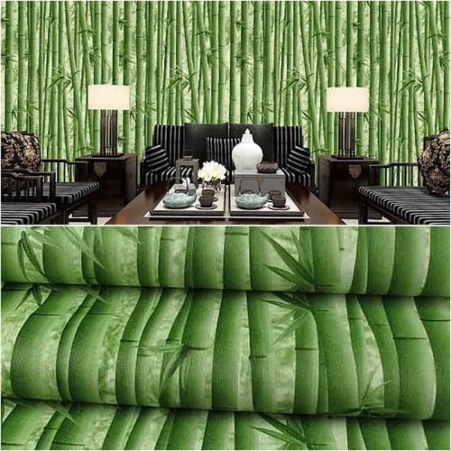 DEOS WALLPAPER STICKER DINDING MOTIF BAMBU HIJAU TUA