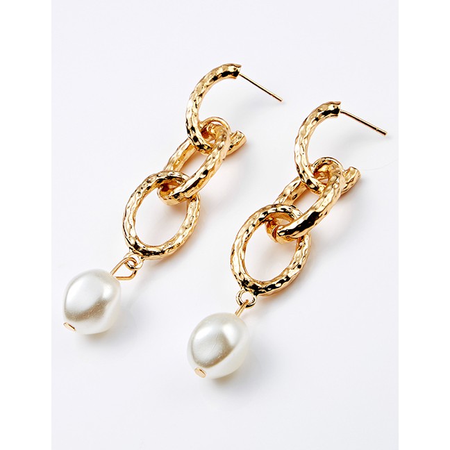 LRC Anting Tusuk Fashion Gold Alloy Chain Pearl Earrings F69318