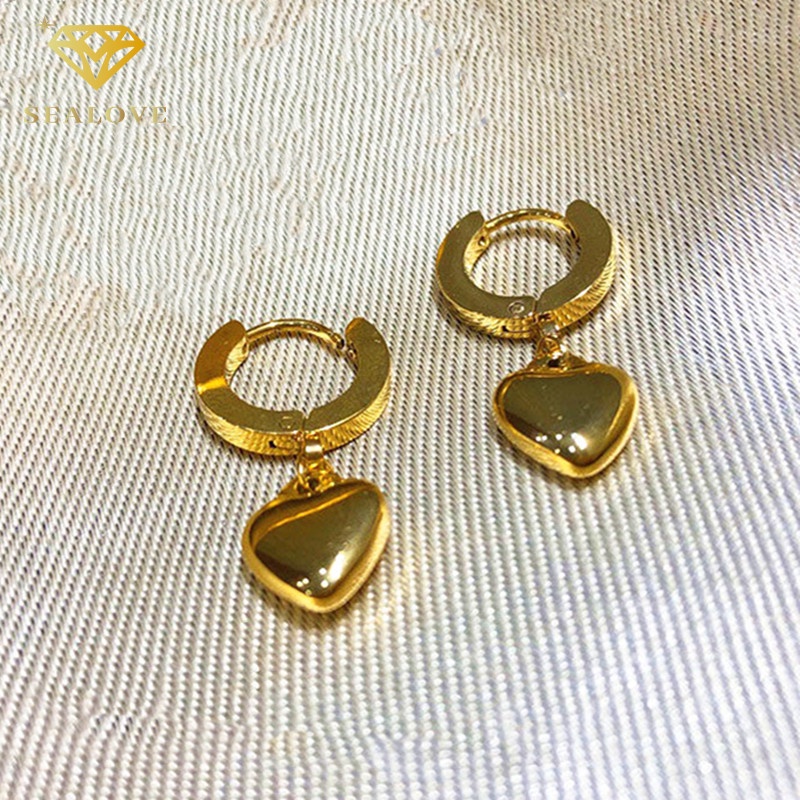 Anting Titanium Wanita Korea Panjang Liontin Hati Emas 18K Anti Karat Aksesoris Perhiasan