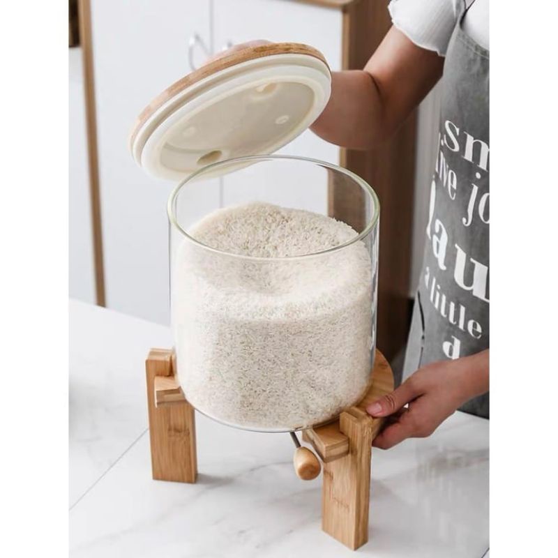 Wooden rice dispenser 7,5 LITER tempat penyimpanan beras aesthetic