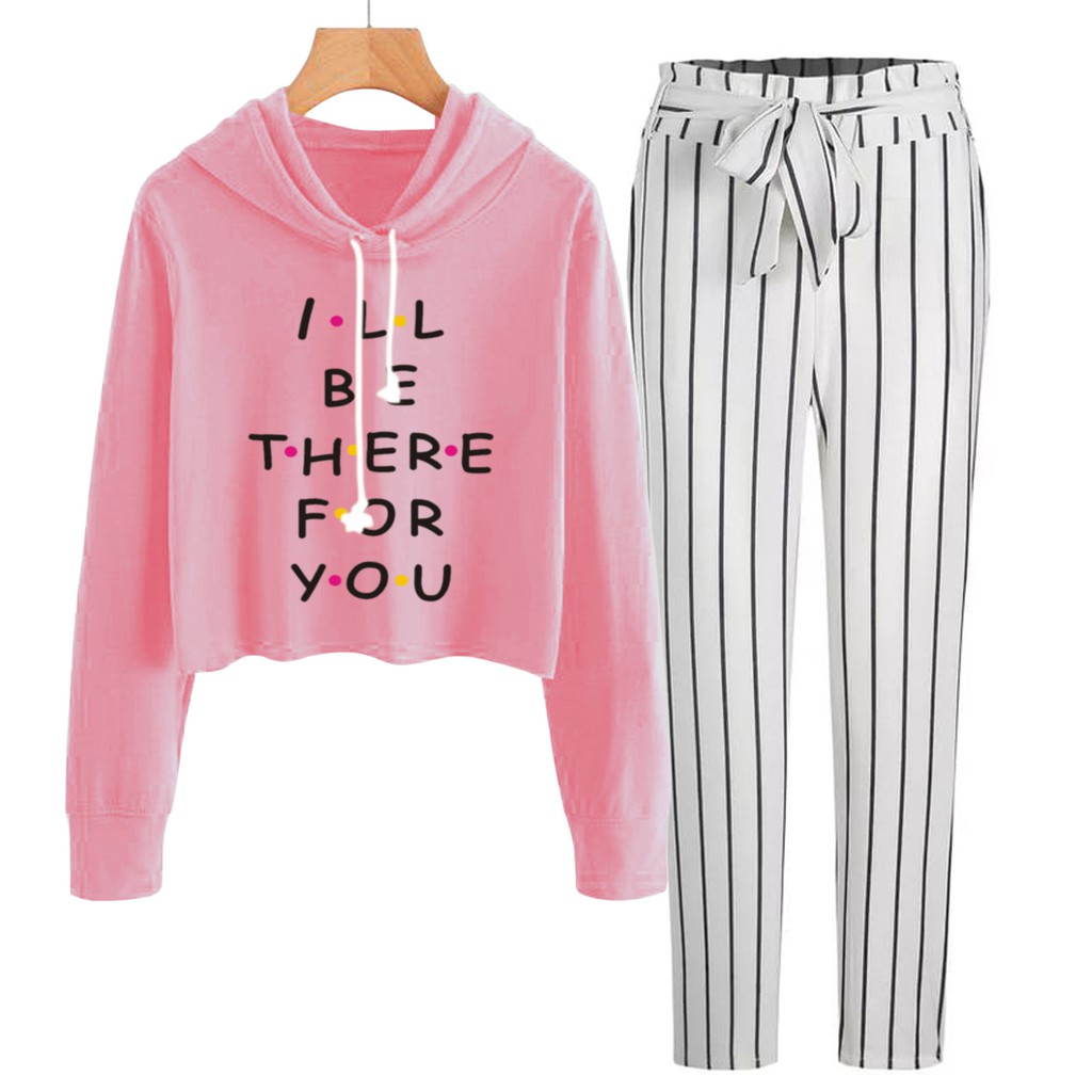 BESS - Baju Setelan Wanita Murah / Setelan Hoodie Crop + Celana Salur Putih - I BE THERE