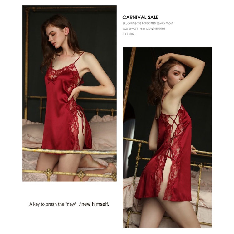 Sexy Lingerie Set Babydoll V Neck Baju Tidur Suspender Open Renda celah Samping Malam Import 3A512